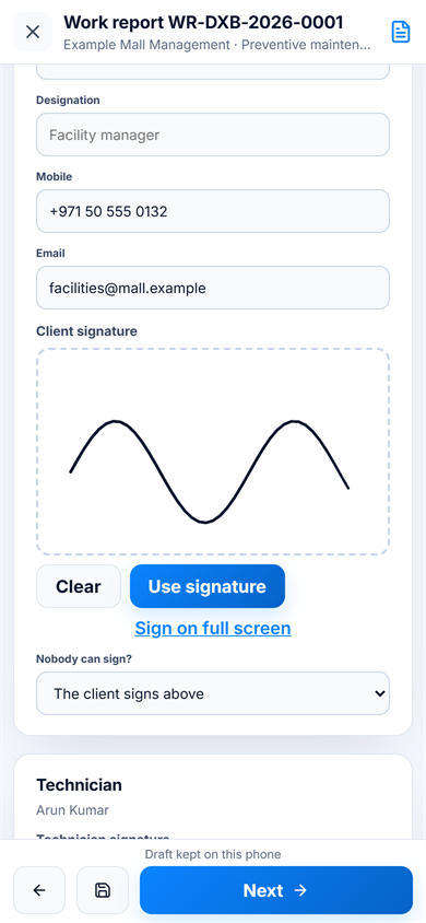 Customer signature field in an AMCore work report